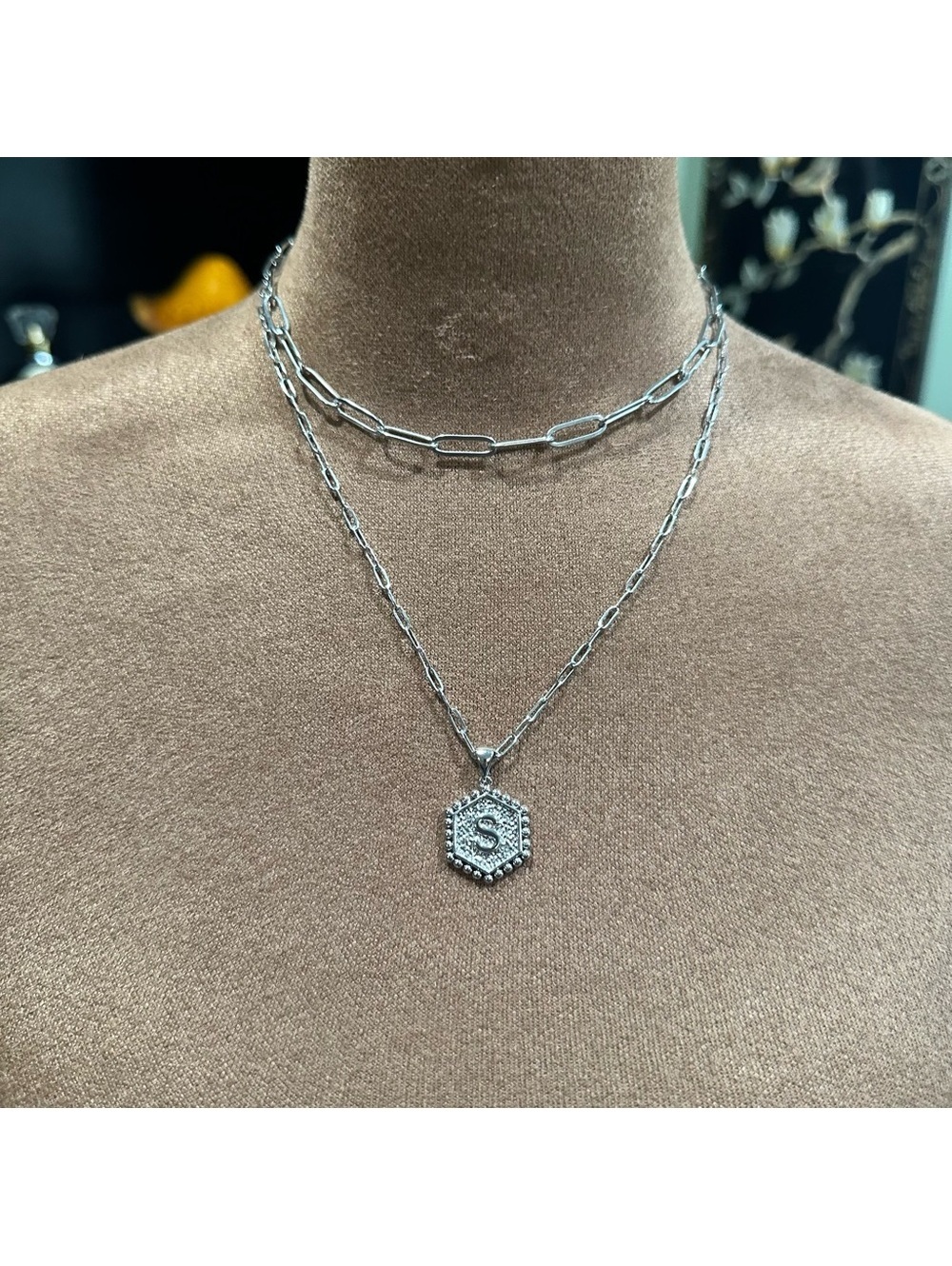 MOOHAM Silver Initial S Necklace. Paper clip necklace